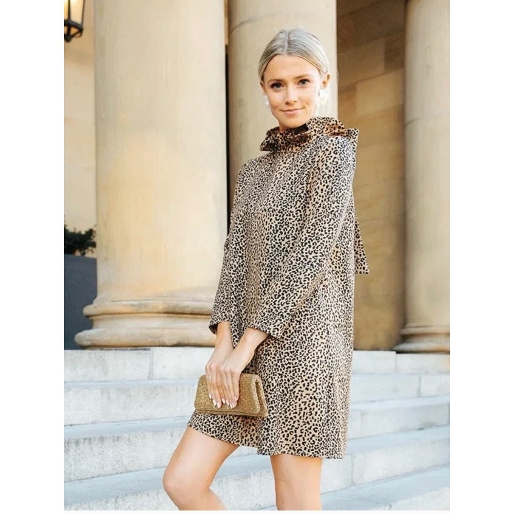 Tuckernuck Daphne Leopard Mini Dress Size S‎ Tan Black Ruffle Neck Tie animal